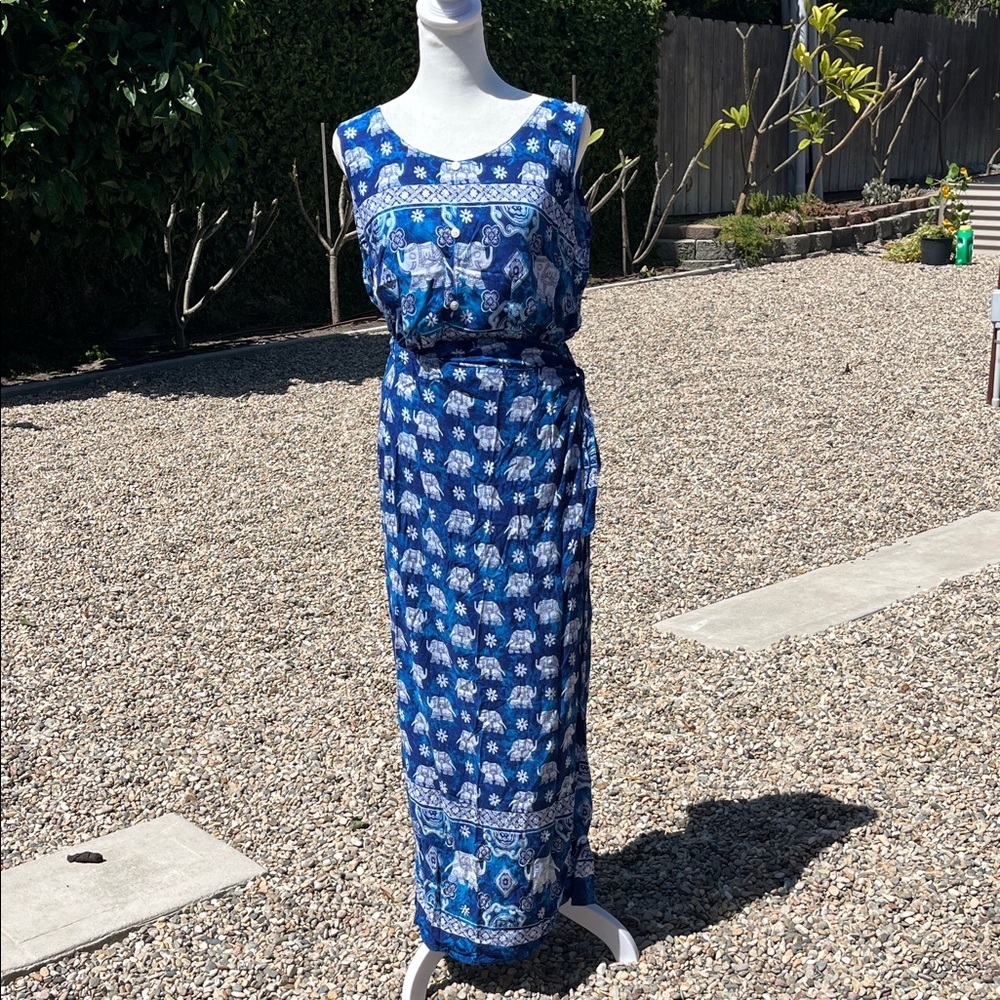 Breezy Thai Blue Patterned Phuket  Market Maxi Dress Size M/L
